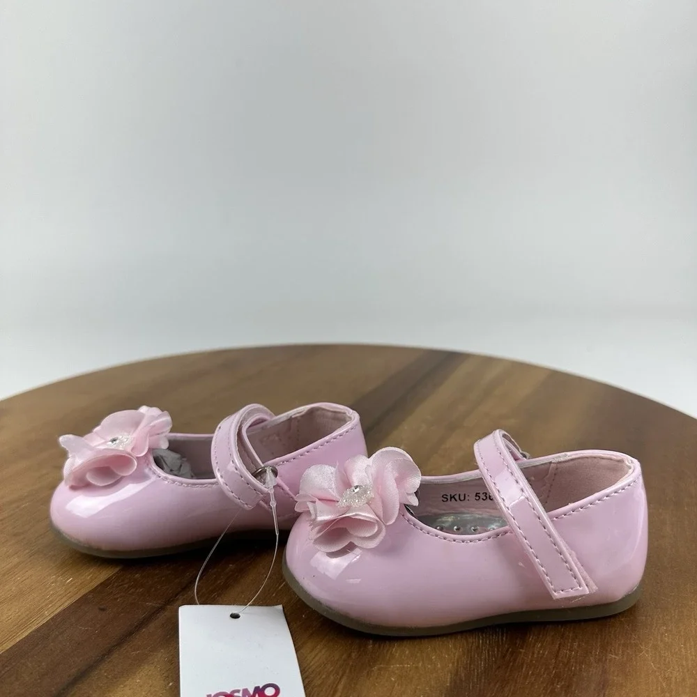 New NWT Baby Girls Josmo Pink Faux Patent Leather Floral Mary Jane Flats Size 3